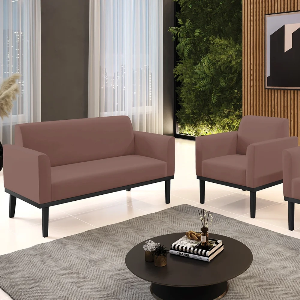 Sofá Namoradeira e 1 Poltrona Base Madeira Preto Maressa Veludo Rosê - Ibiza