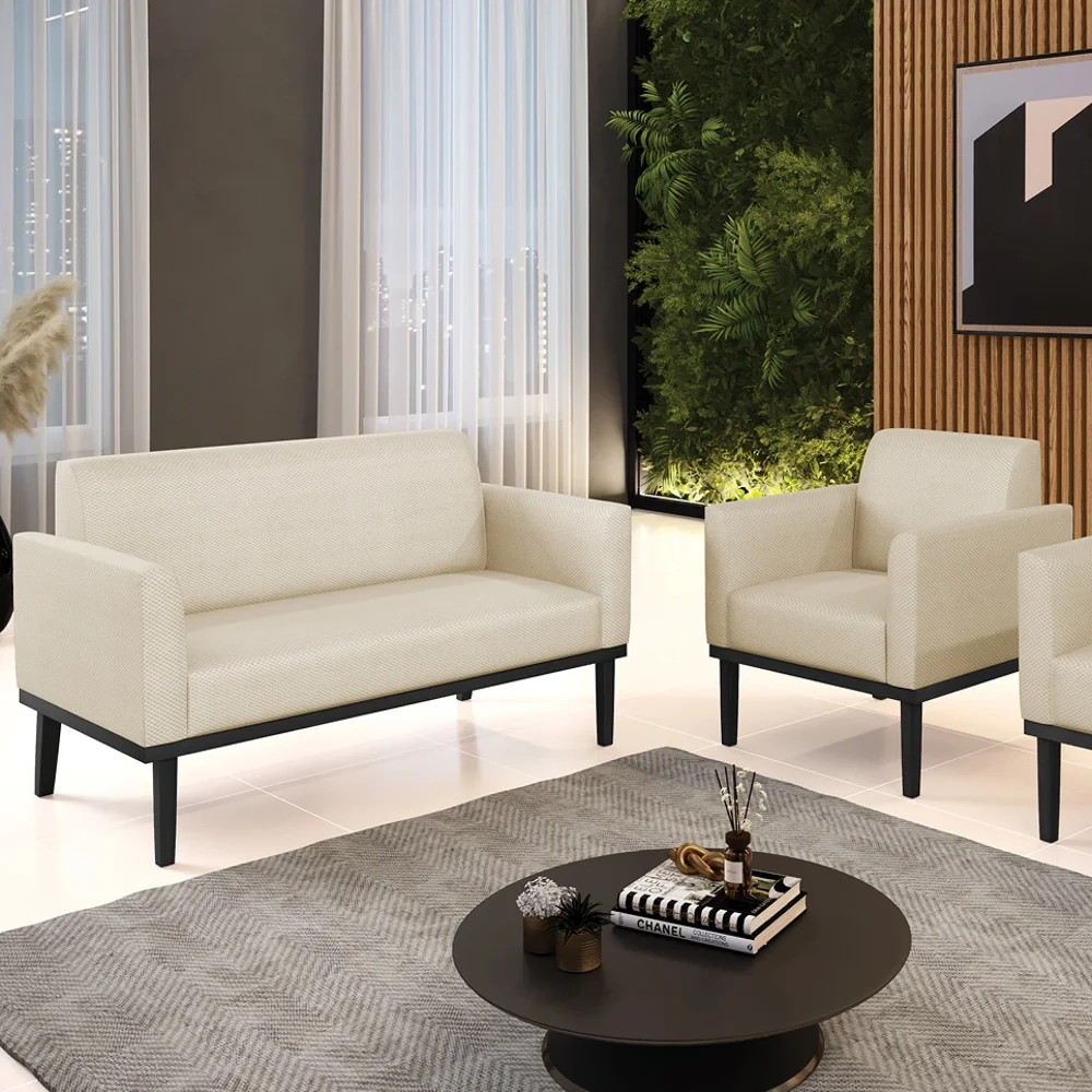 Sofá Namoradeira e 1 Poltrona Base Madeira Preto Maressa Veludo Luxo Off White - Ibiza