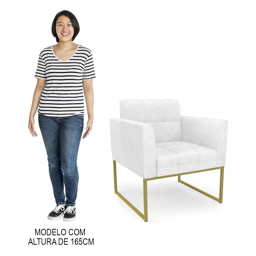 Sofá Namoradeira e 1 Poltrona Base Industrial Dourado Ana Sintético PU Branco - Ibiza