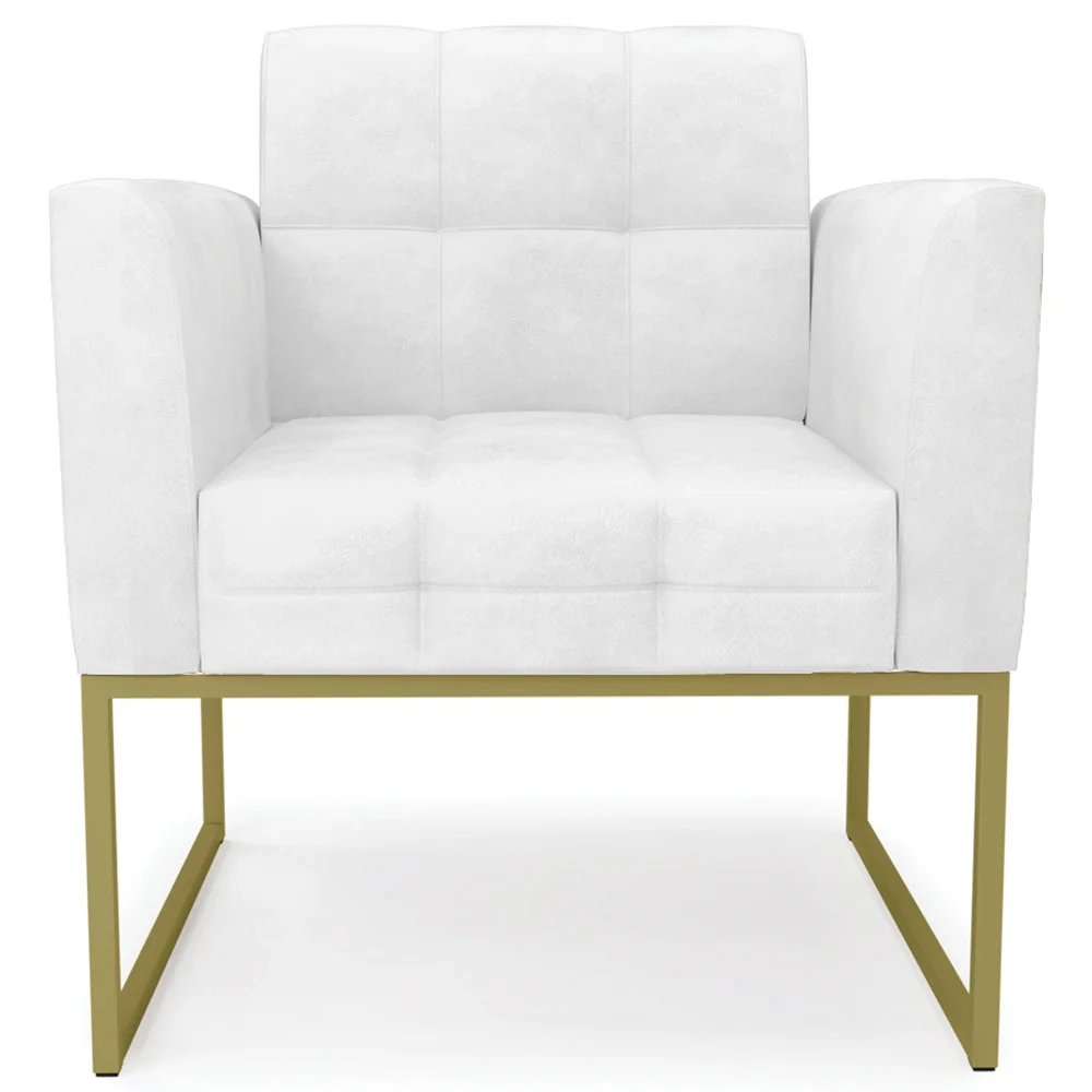 Sofá Namoradeira e 1 Poltrona Base Industrial Dourado Ana Sintético PU Branco - Ibiza