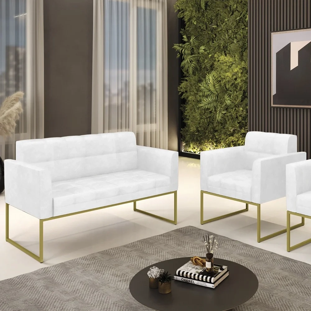 Sofá Namoradeira e 1 Poltrona Base Industrial Dourado Ana Sintético PU Branco - Ibiza