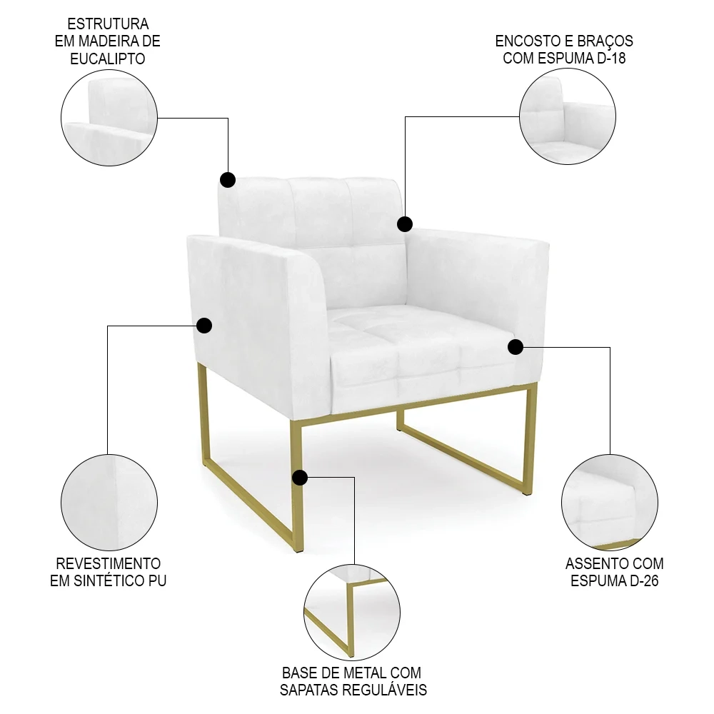 Sofá Namoradeira e 1 Poltrona Base Industrial Dourado Ana Sintético PU Branco - Ibiza