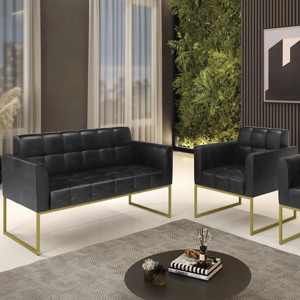 Sofá Namoradeira e 1 Poltrona Base Industrial Dourado Ana Sintético PU Preto - Ibiza
