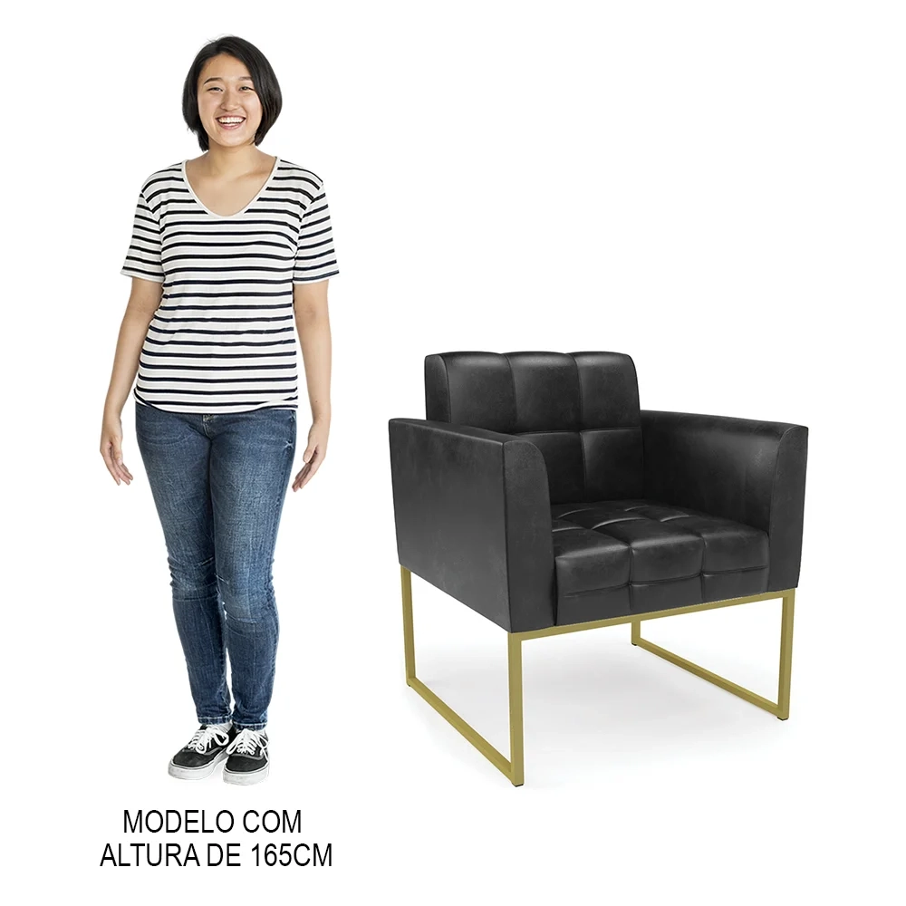 Sofá Namoradeira e 1 Poltrona Base Industrial Dourado Ana Sintético PU Preto - Ibiza