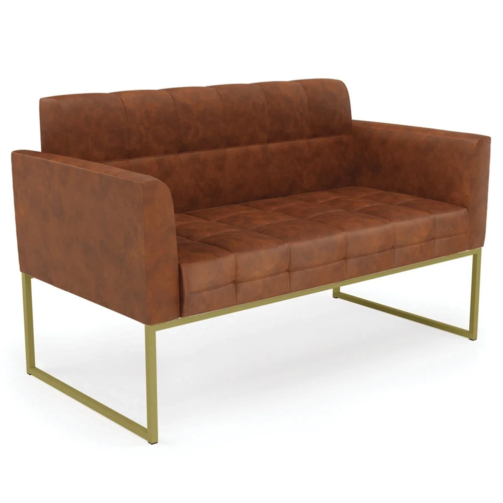 Sofá Namoradeira e 1 Poltrona Base Industrial Dourado Ana Sintético PU Nozes - Ibiza