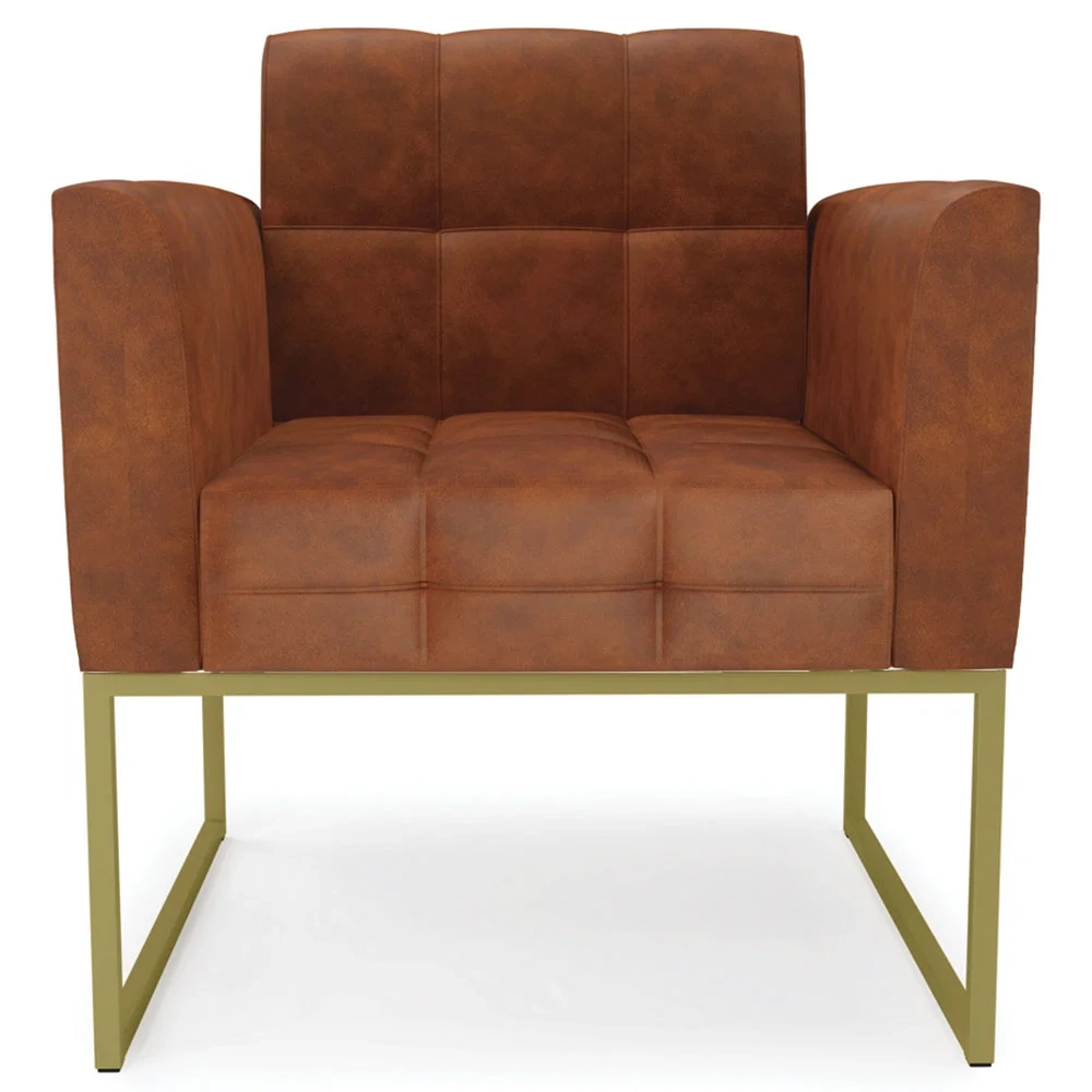 Sofá Namoradeira e 1 Poltrona Base Industrial Dourado Ana Sintético PU Nozes - Ibiza