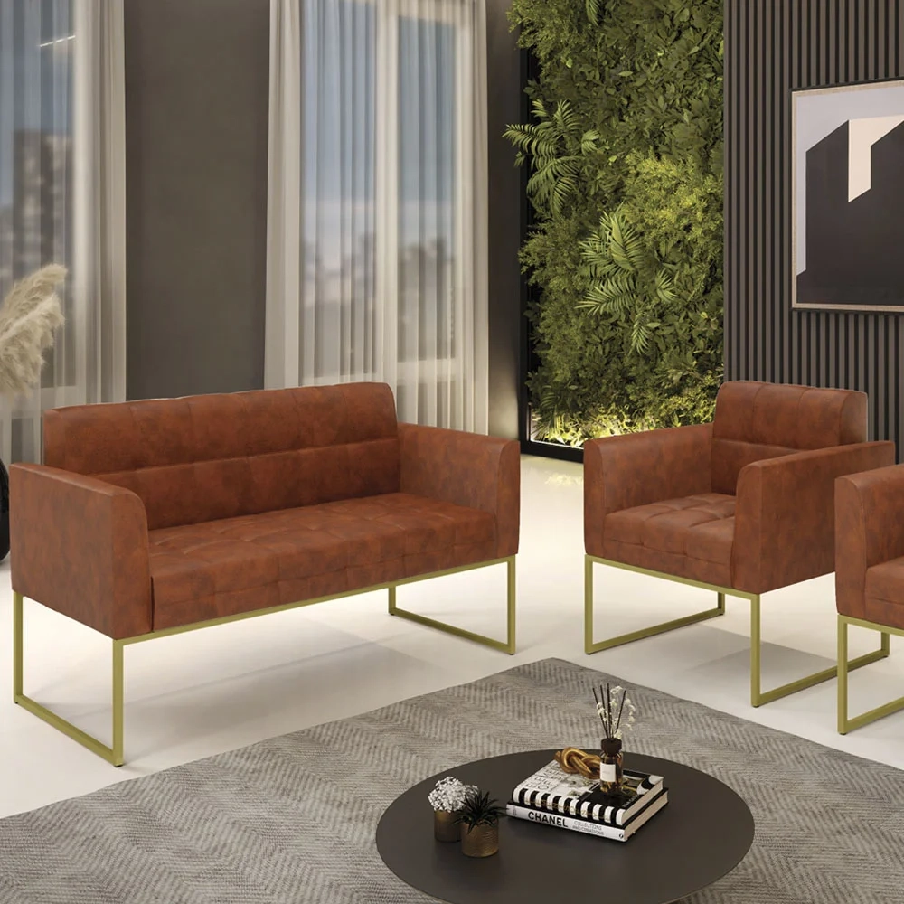 Sofá Namoradeira e 1 Poltrona Base Industrial Dourado Ana Sintético PU Nozes - Ibiza