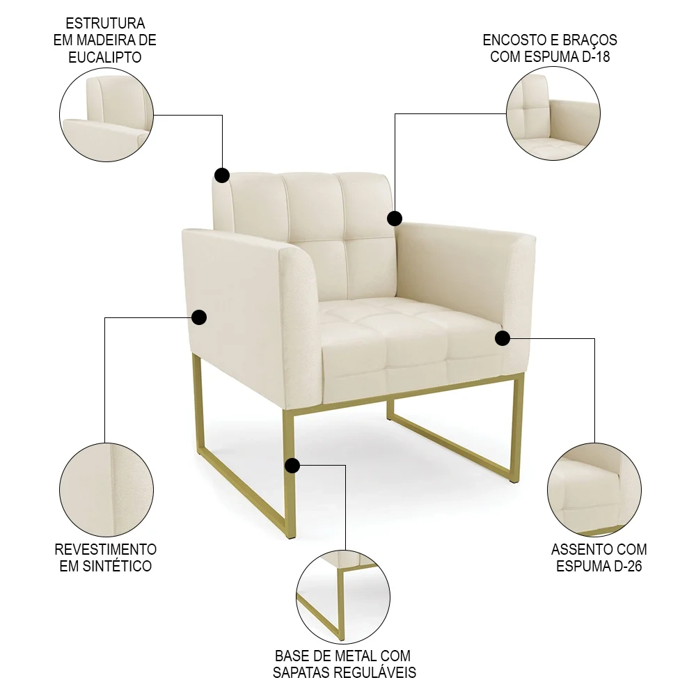 Sofá Namoradeira e 1 Poltrona Base Industrial Dourado Ana Sintético Bege - Ibiza
