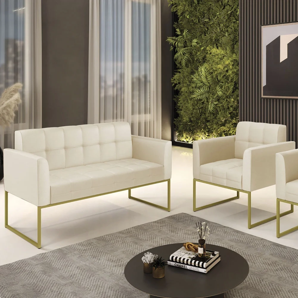 Sofá Namoradeira e 1 Poltrona Base Industrial Dourado Ana Sintético Bege - Ibiza