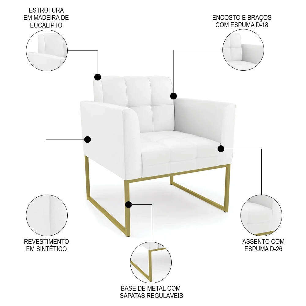 Sofá Namoradeira e 1 Poltrona Base Industrial Dourado Ana Sintético Branco - Ibiza