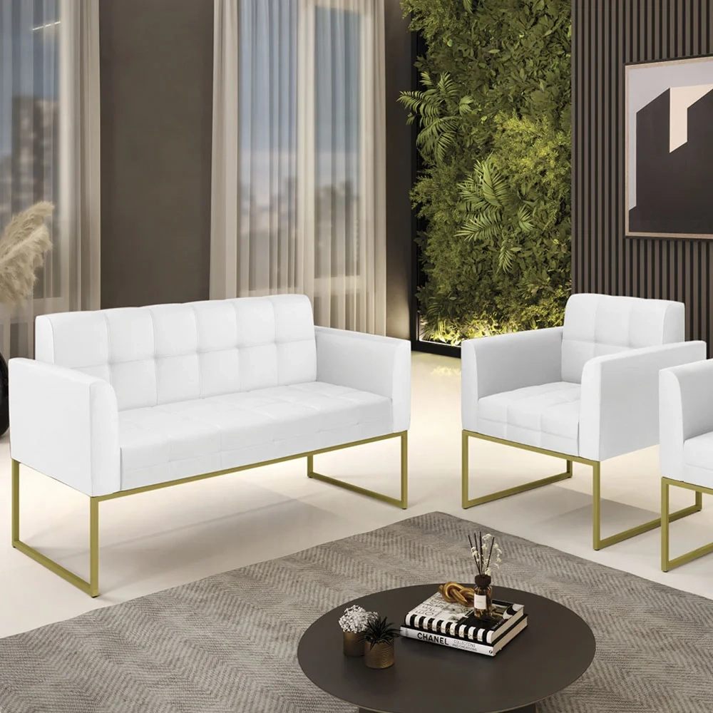 Sofá Namoradeira e 1 Poltrona Base Industrial Dourado Ana Sintético Branco - Ibiza