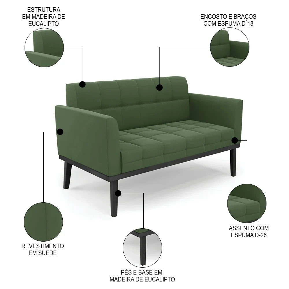 Sofá Namoradeira Base Madeira Preto Ana Suede Verde - Ibiza
