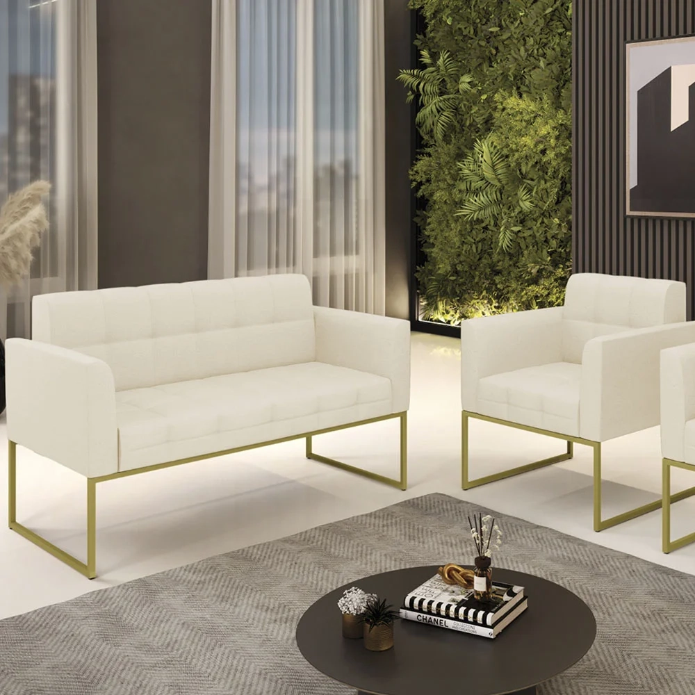 Sofá Namoradeira e 1 Poltrona Base Industrial Dourado Ana Linho Bege - Ibiza