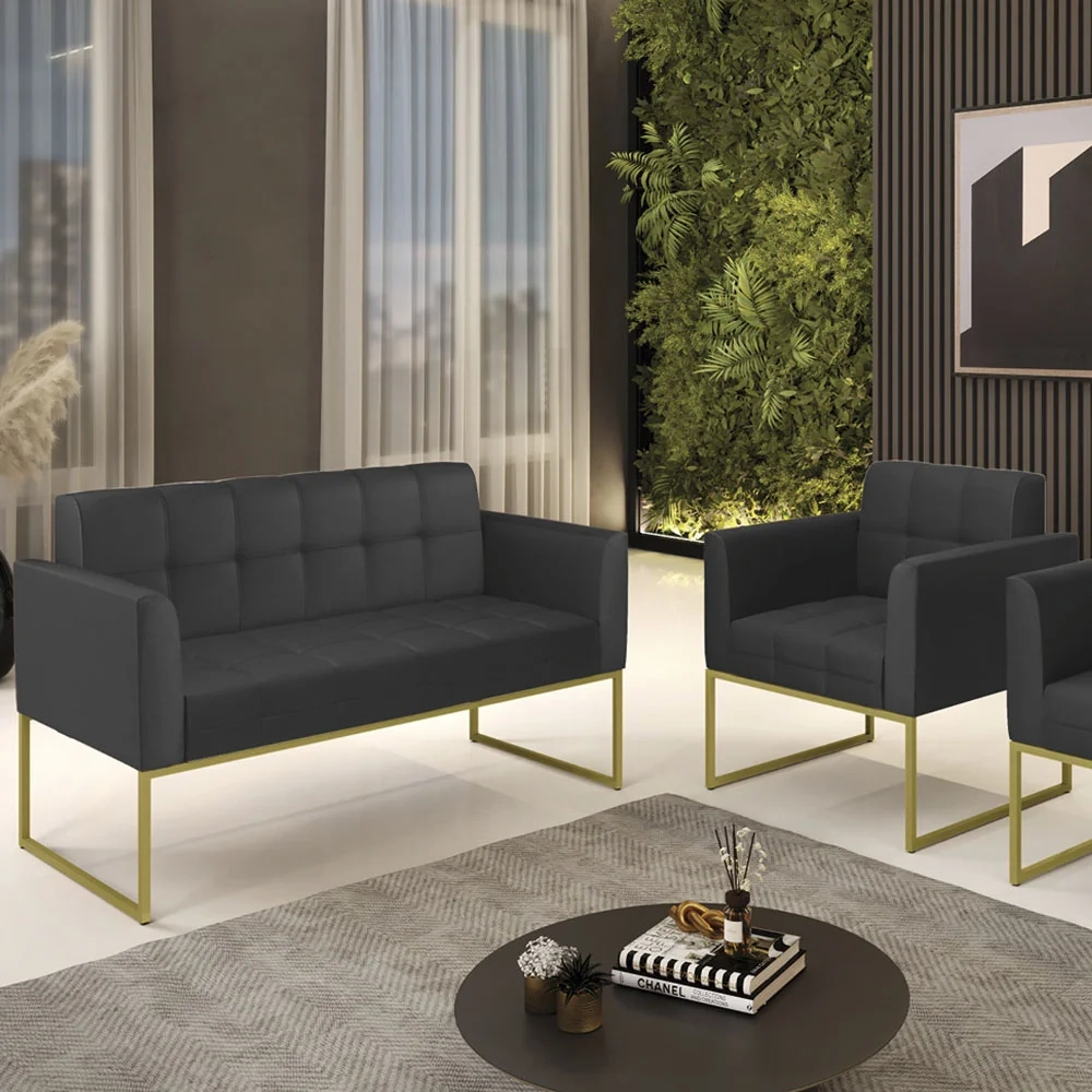 Sofá Namoradeira e 1 Poltrona Base Industrial Dourado Ana Sintético Preto - Ibiza