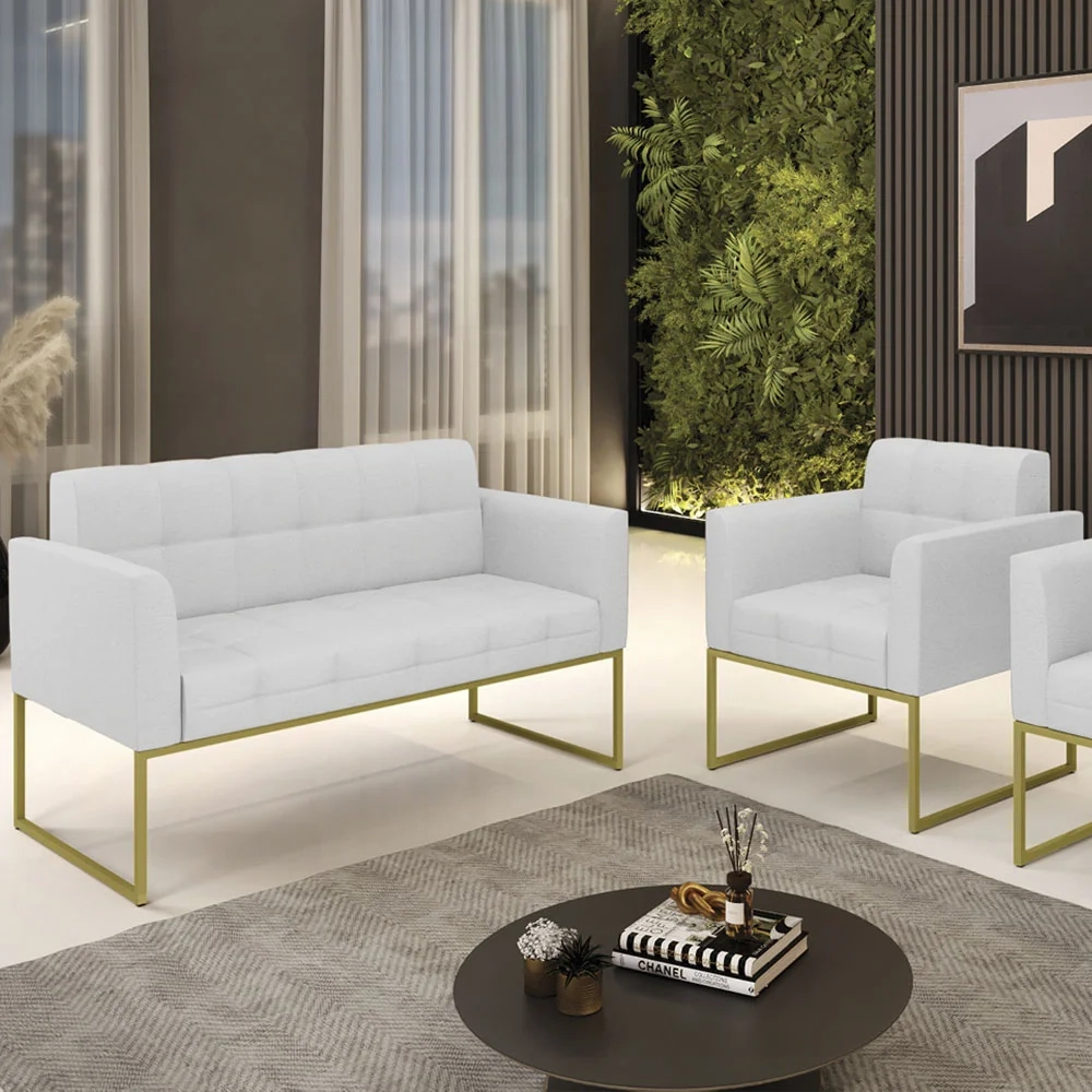 Sofá Namoradeira e 1 Poltrona Base Industrial Dourado Ana Linho Cinza - Ibiza