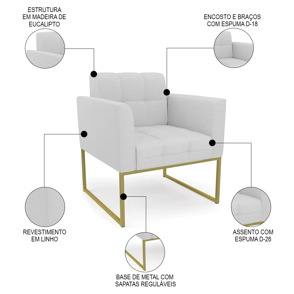 Sofá Namoradeira e 1 Poltrona Base Industrial Dourado Ana Linho Cinza - Ibiza