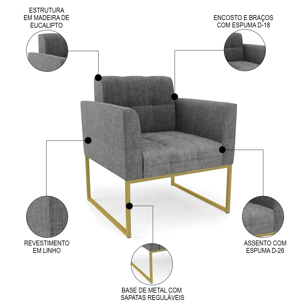 Sofá Namoradeira e 1 Poltrona Base Industrial Dourado Ana Linho Grafite - Ibiza