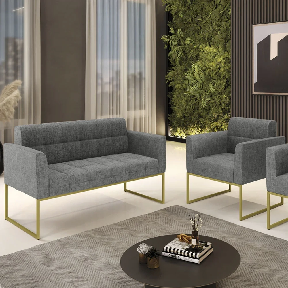 Sofá Namoradeira e 1 Poltrona Base Industrial Dourado Ana Linho Grafite - Ibiza