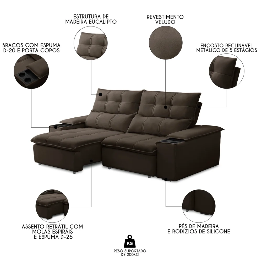 Sofá Retrátil 3 Lugares com Porta Copo 210cm Malta F05 Veludo Marrom Escuro - Mpozenato