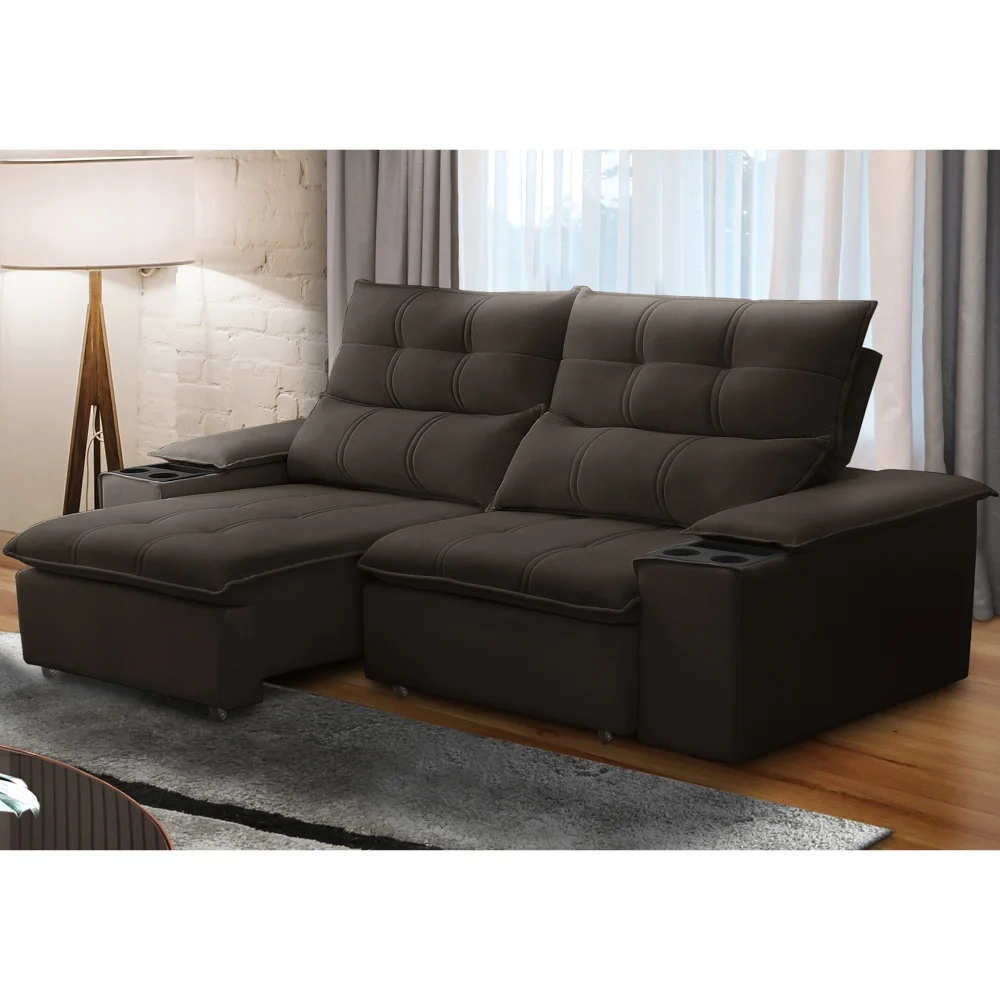 Sofá Retrátil 3 Lugares com Porta Copo 210cm Malta F05 Veludo Marrom Escuro - Mpozenato