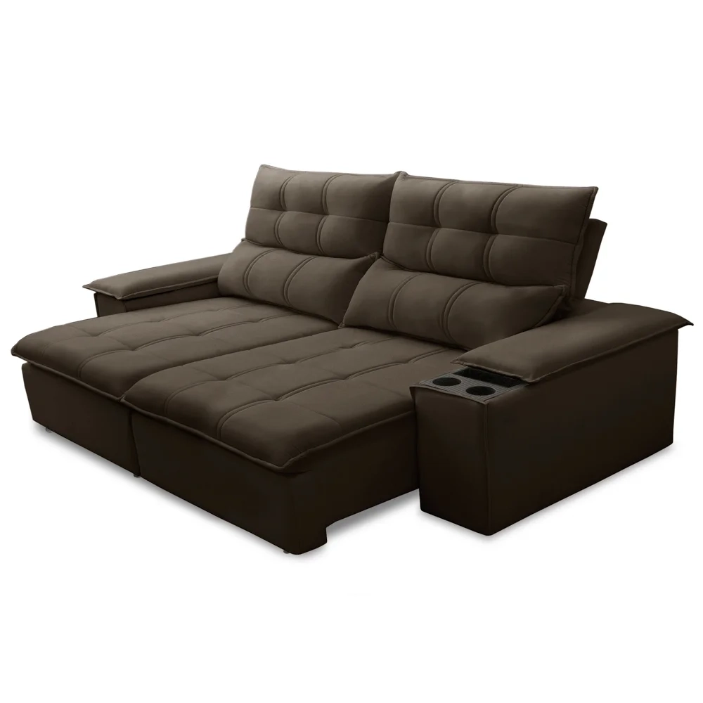 Sofá Retrátil 3 Lugares com Porta Copo 210cm Malta F05 Veludo Marrom Escuro - Mpozenato