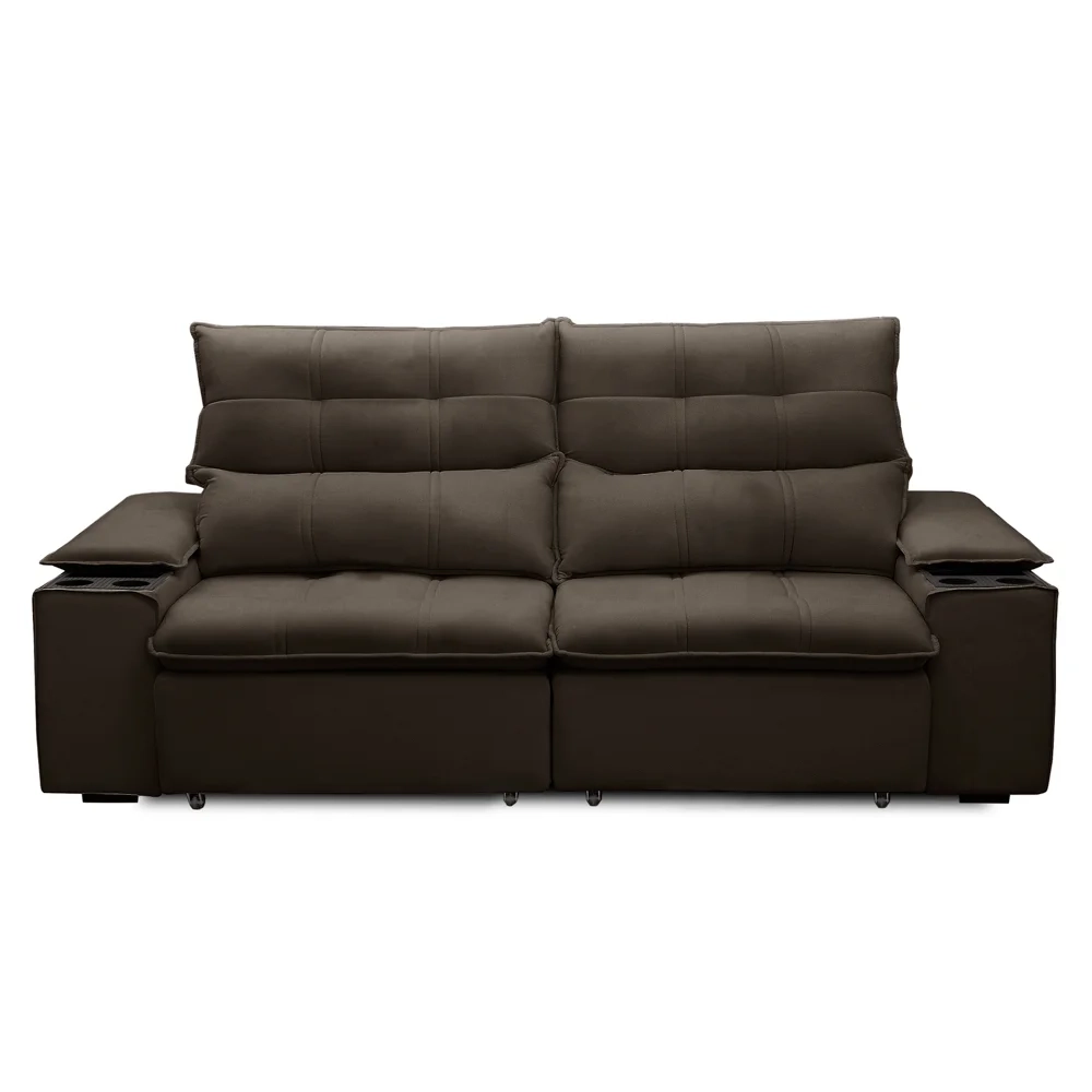 Sofá Retrátil 3 Lugares com Porta Copo 210cm Malta F05 Veludo Marrom Escuro - Mpozenato