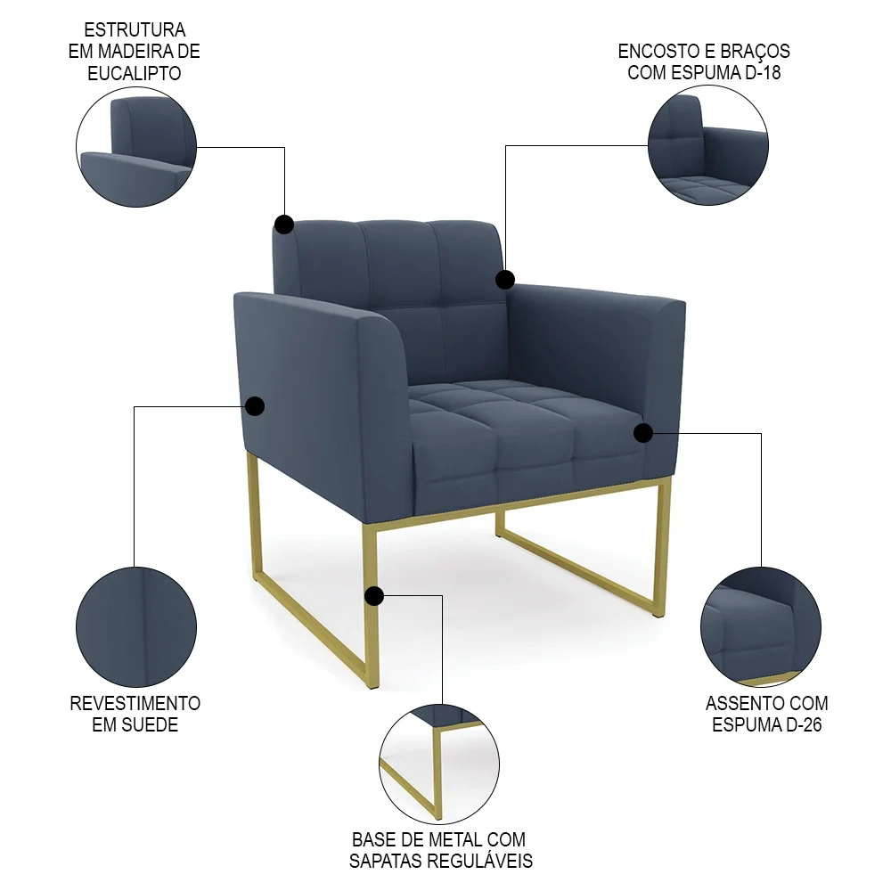 Sofá Namoradeira e 1 Poltrona Base Industrial Dourado Ana Suede Azul Marinho - Ibiza