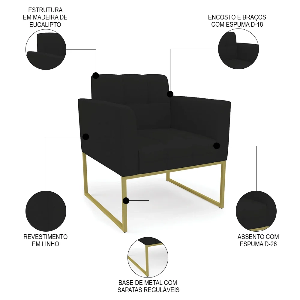 Sofá Namoradeira e 1 Poltrona Base Industrial Dourado Ana Linho Preto - Ibiza