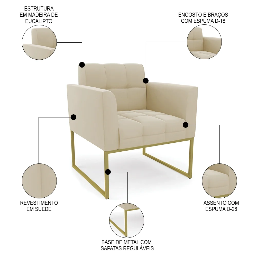 Sofá Namoradeira e 1 Poltrona Base Industrial Dourado Ana Suede Bege - Ibiza