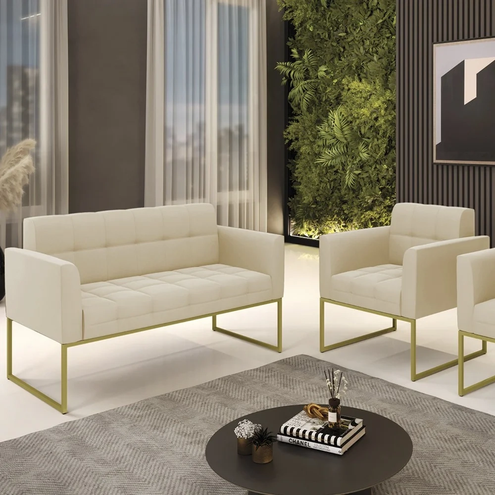 Sofá Namoradeira e 1 Poltrona Base Industrial Dourado Ana Suede Bege - Ibiza