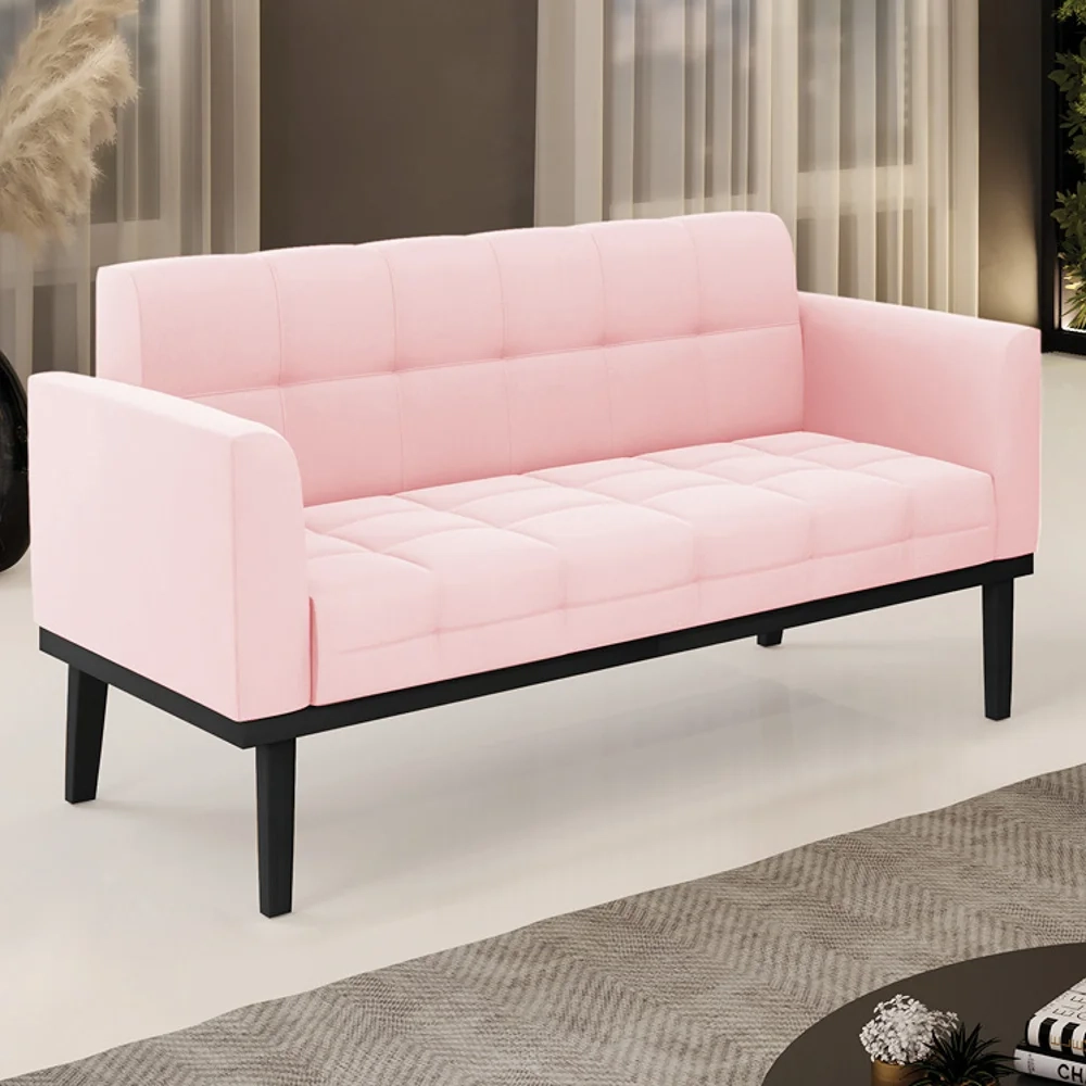 Sofá Namoradeira Base Madeira Preto Ana Suede Rosa Bebê - Ibiza