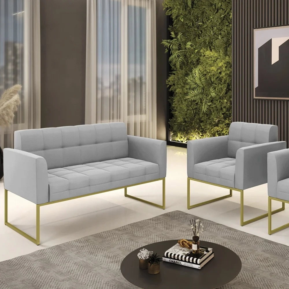 Sofá Namoradeira e 1 Poltrona Base Industrial Dourado Ana Suede Cinza - Ibiza