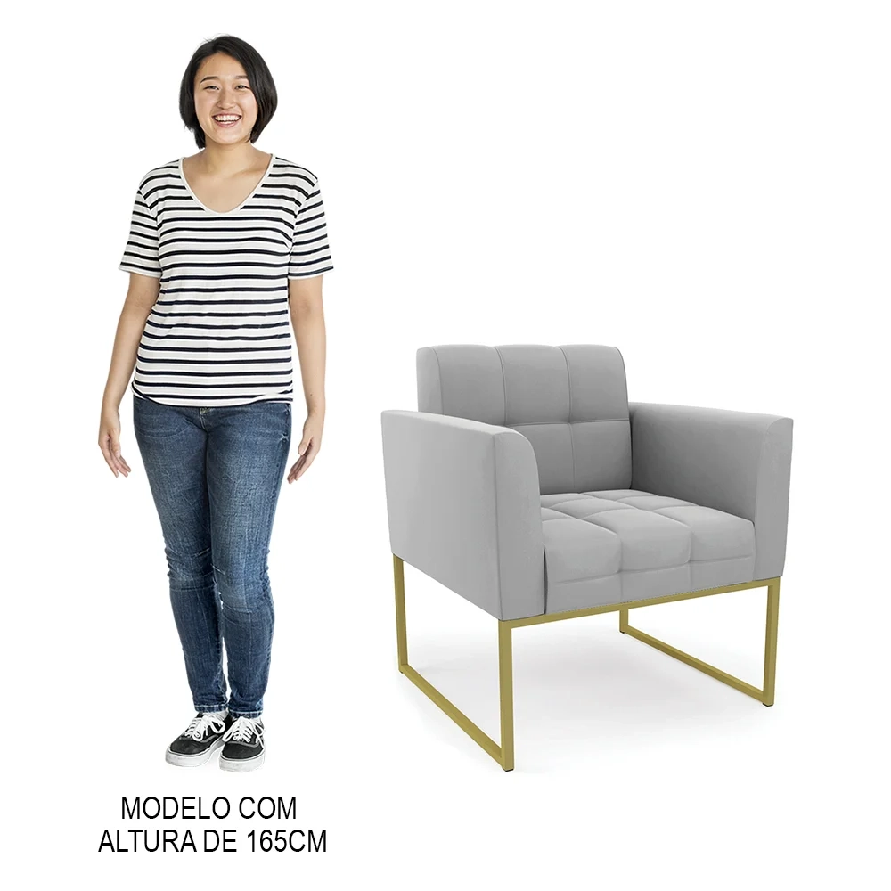 Sofá Namoradeira e 1 Poltrona Base Industrial Dourado Ana Suede Cinza - Ibiza