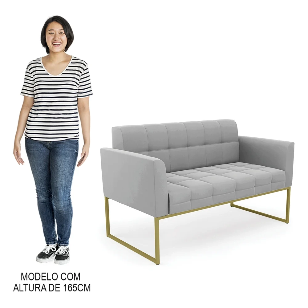 Sofá Namoradeira e 1 Poltrona Base Industrial Dourado Ana Suede Cinza - Ibiza