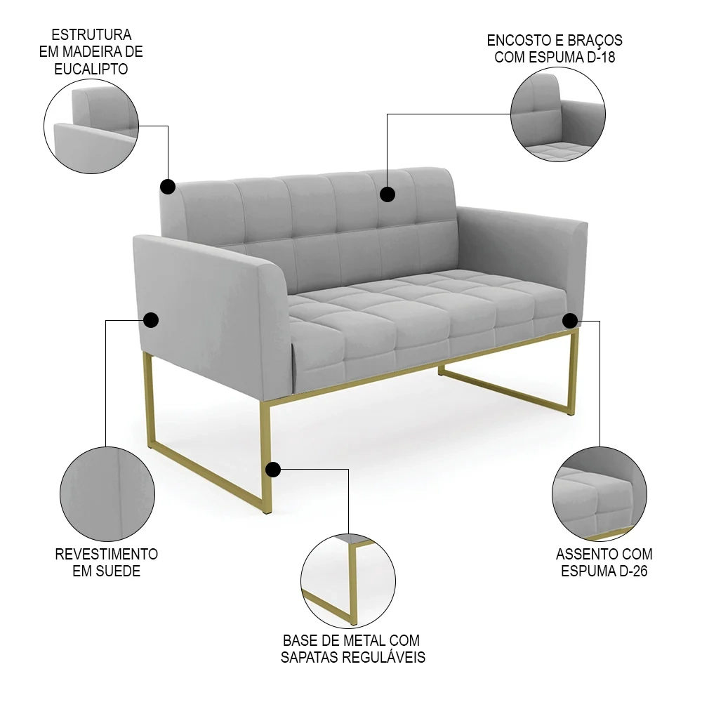 Sofá Namoradeira e 1 Poltrona Base Industrial Dourado Ana Suede Cinza - Ibiza