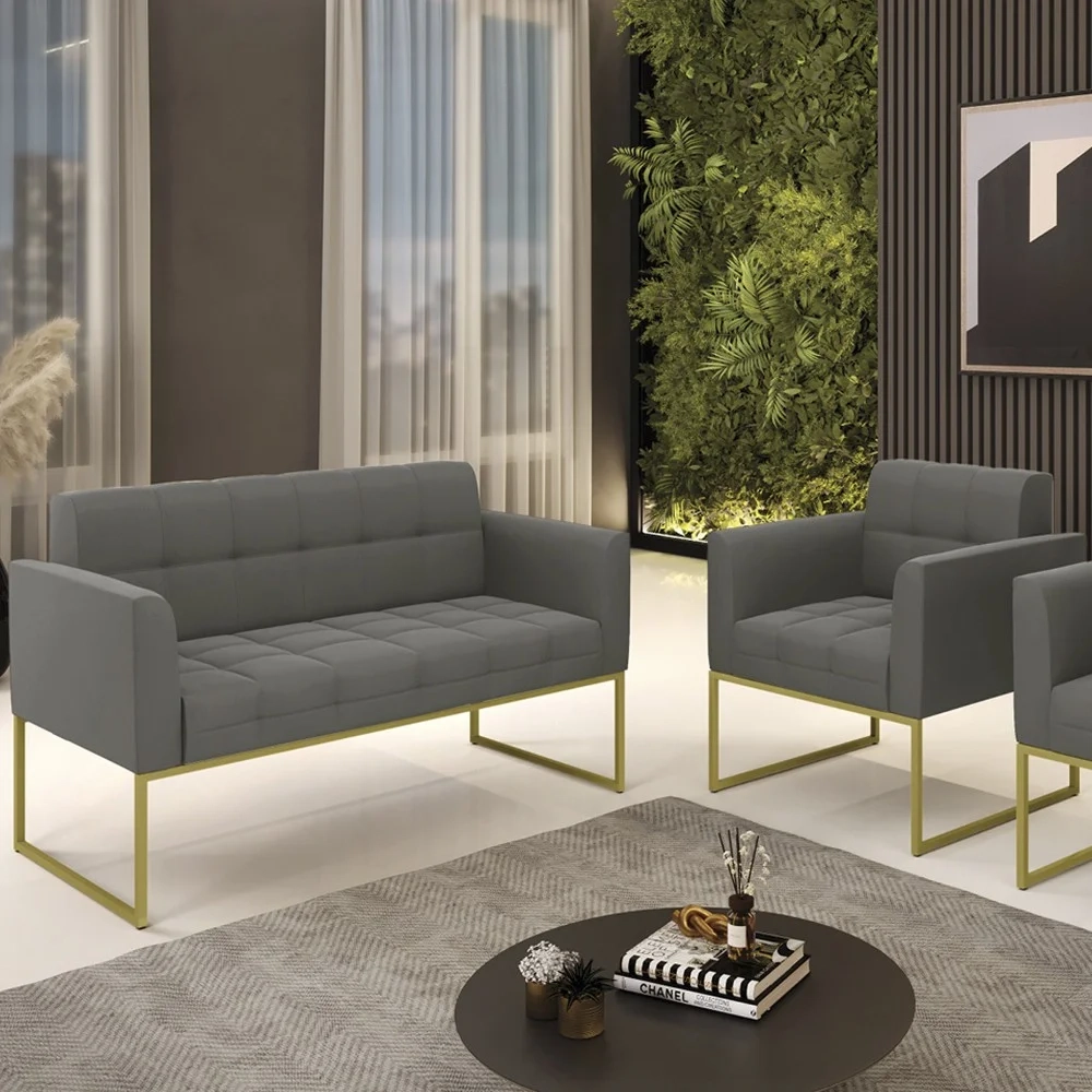 Sofá Namoradeira e 1 Poltrona Base Industrial Dourado Ana Suede Grafite - Ibiza