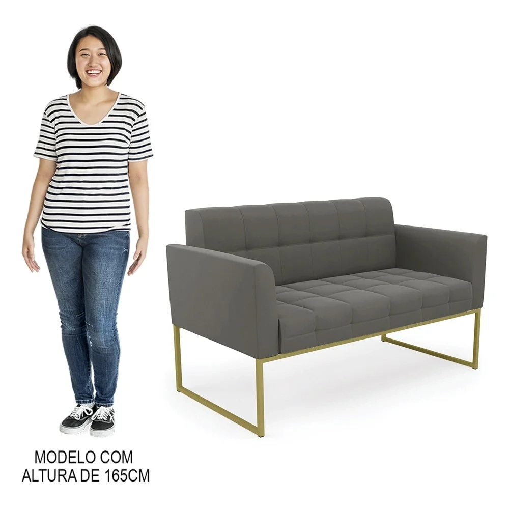 Sofá Namoradeira e 1 Poltrona Base Industrial Dourado Ana Suede Grafite - Ibiza