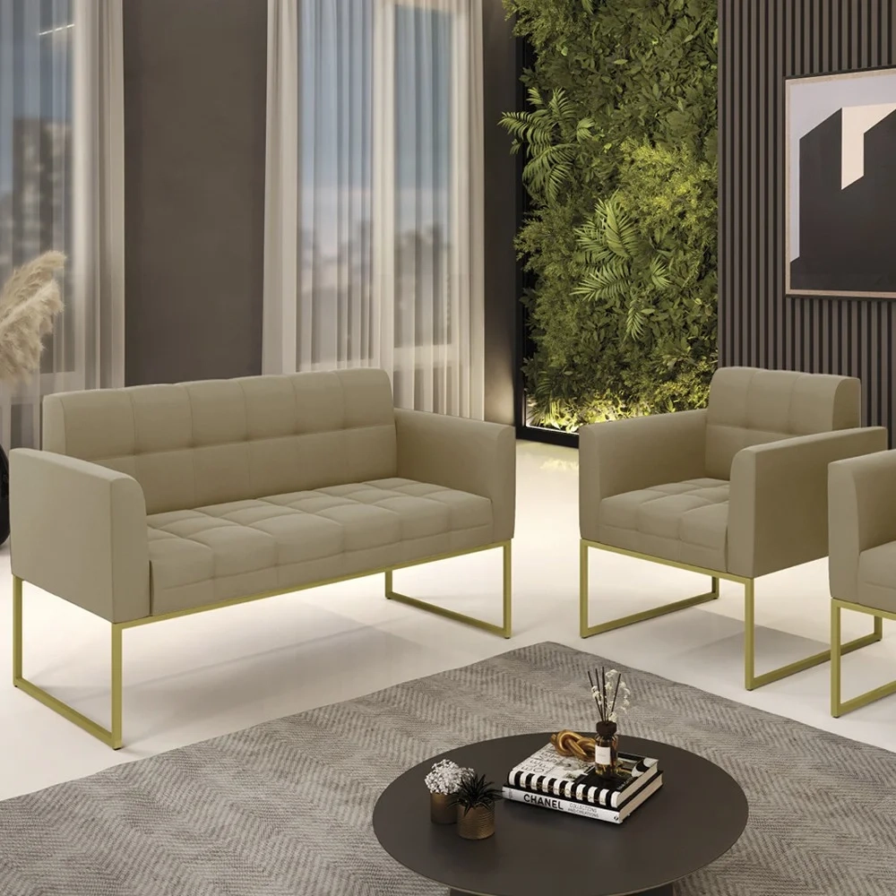 Sofá Namoradeira e 1 Poltrona Base Industrial Dourado Ana Suede Marrom RT - Ibiza