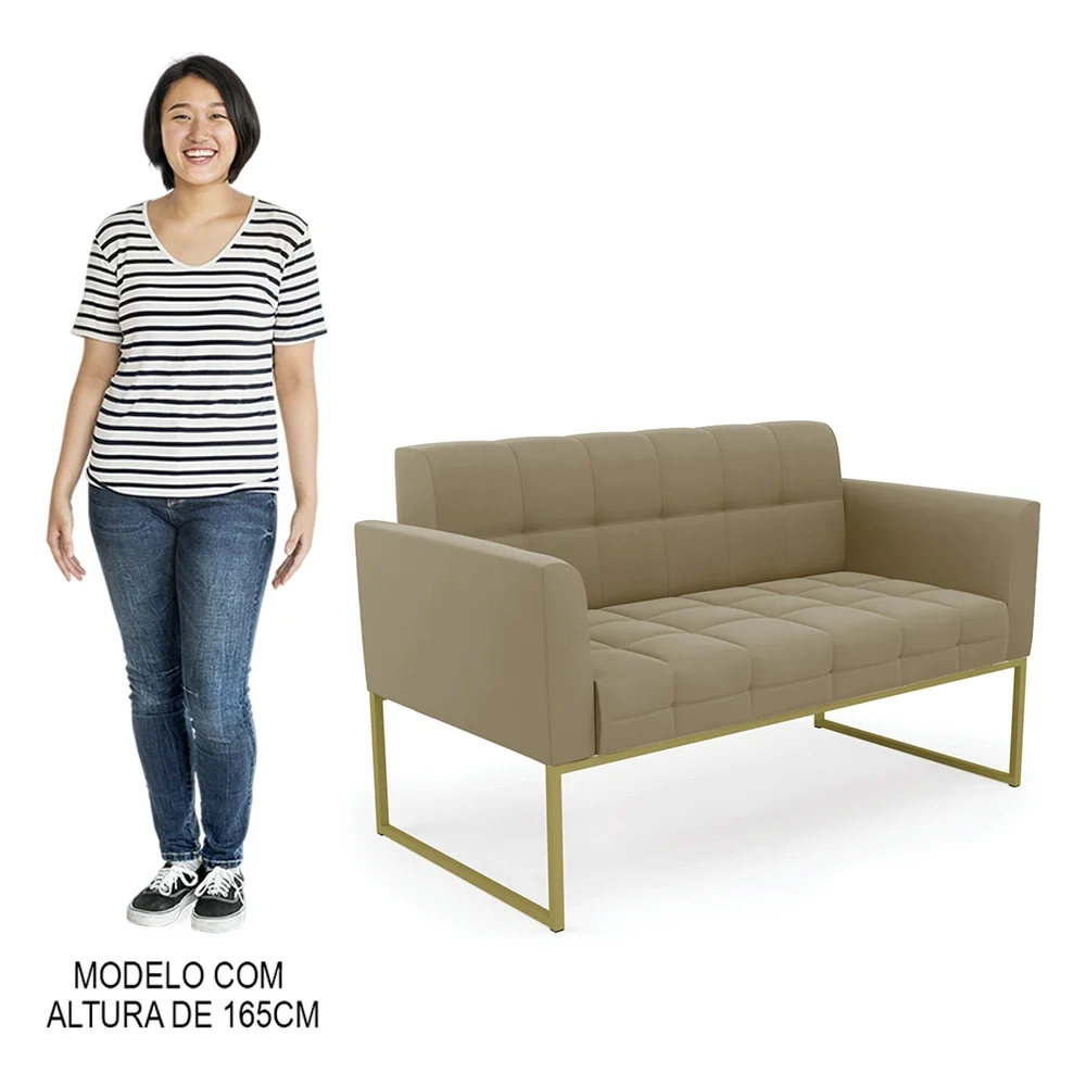 Sofá Namoradeira e 1 Poltrona Base Industrial Dourado Ana Suede Marrom RT - Ibiza