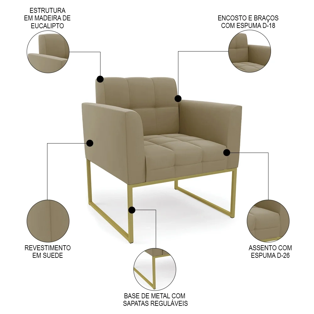 Sofá Namoradeira e 1 Poltrona Base Industrial Dourado Ana Suede Marrom RT - Ibiza