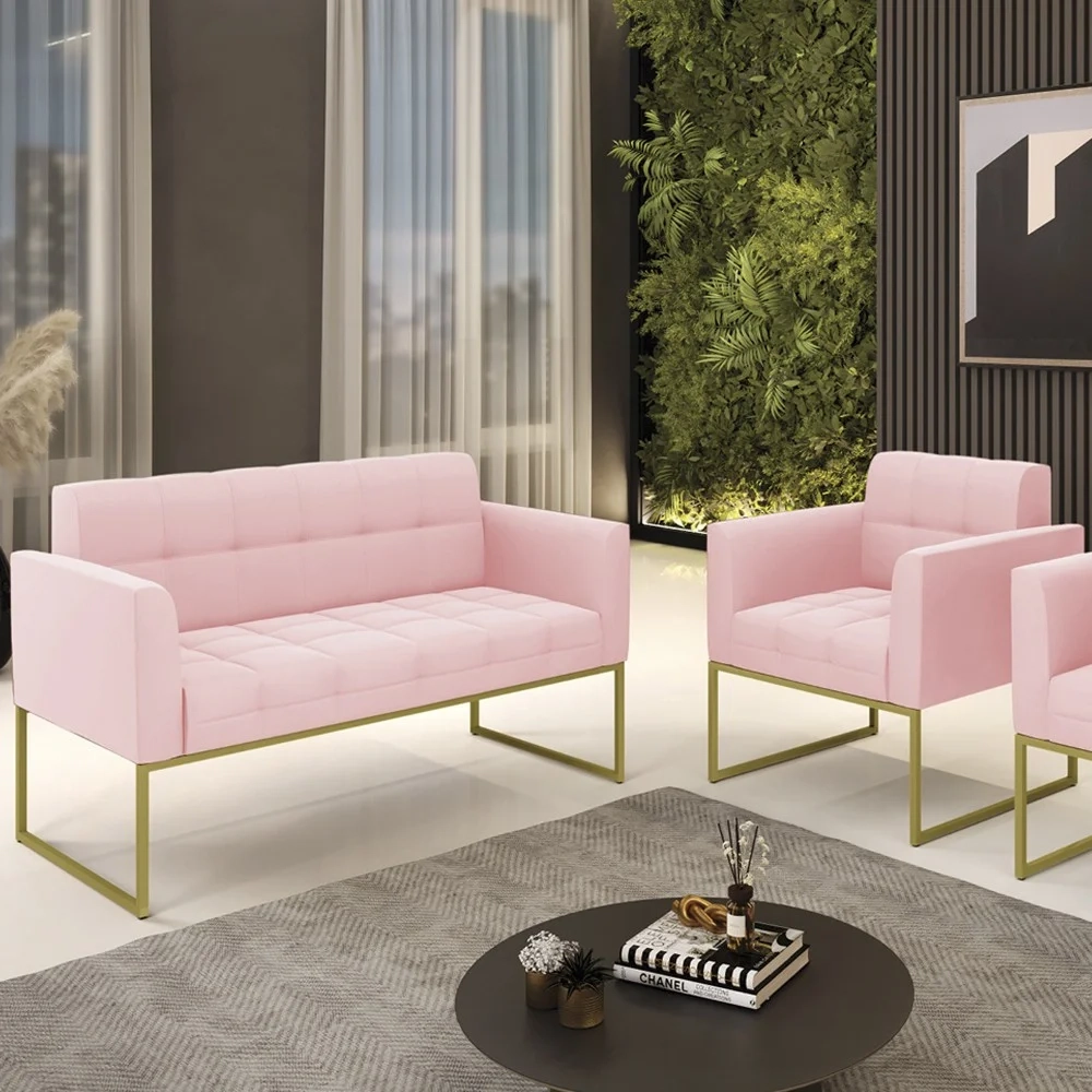 Sofá Namoradeira e 1 Poltrona Base Industrial Dourado Ana Suede Rosa Bebê - Ibiza