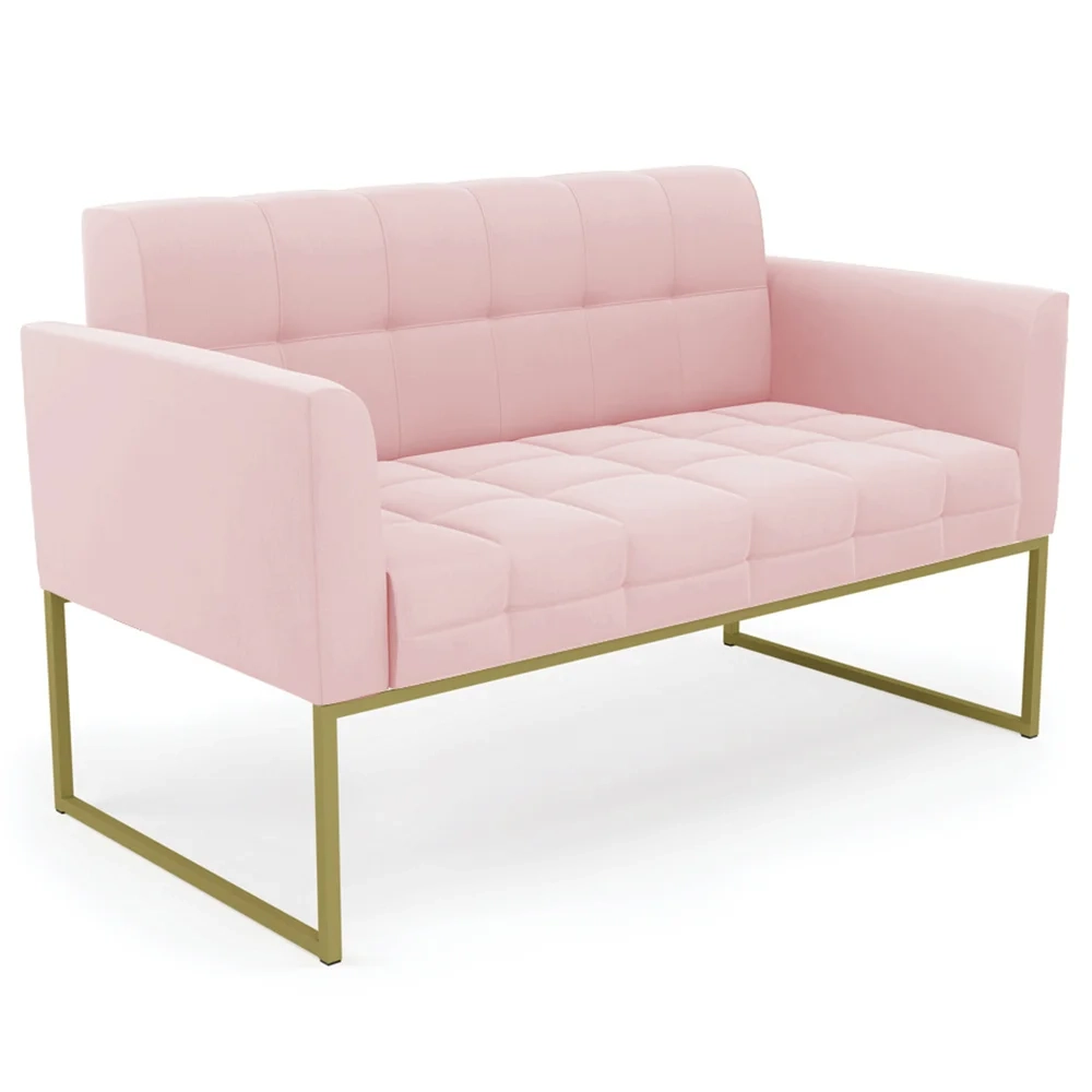 Sofá Namoradeira e 1 Poltrona Base Industrial Dourado Ana Suede Rosa Bebê - Ibiza
