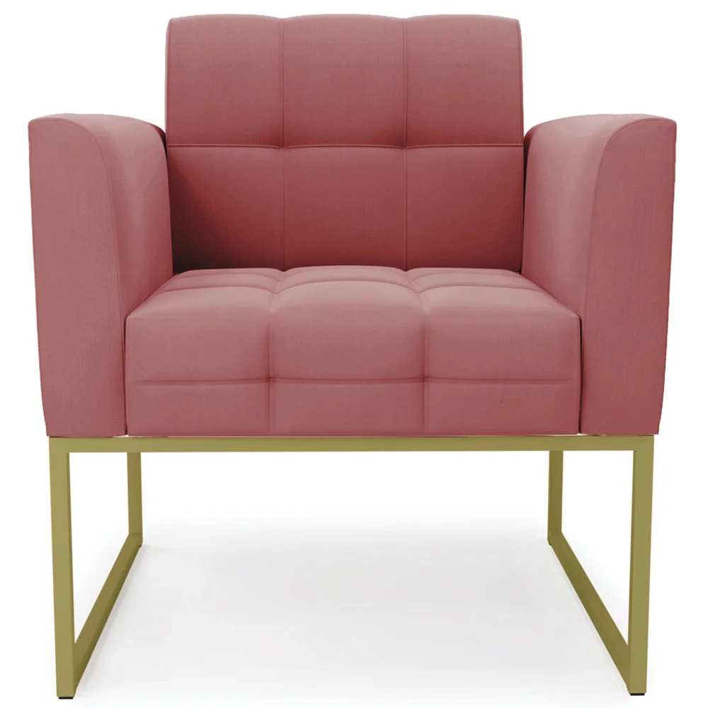 Sofá Namoradeira e 1 Poltrona Base Industrial Dourado Ana Suede Rosê - Ibiza