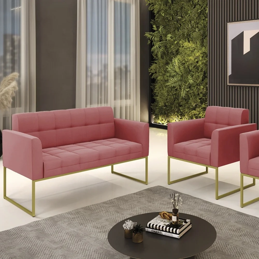 Sofá Namoradeira e 1 Poltrona Base Industrial Dourado Ana Suede Rosê - Ibiza