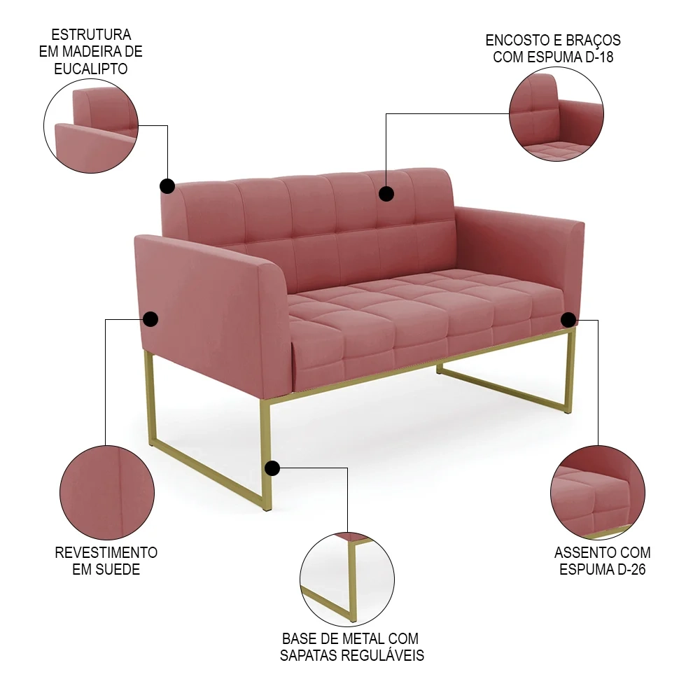 Sofá Namoradeira e 1 Poltrona Base Industrial Dourado Ana Suede Rosê - Ibiza