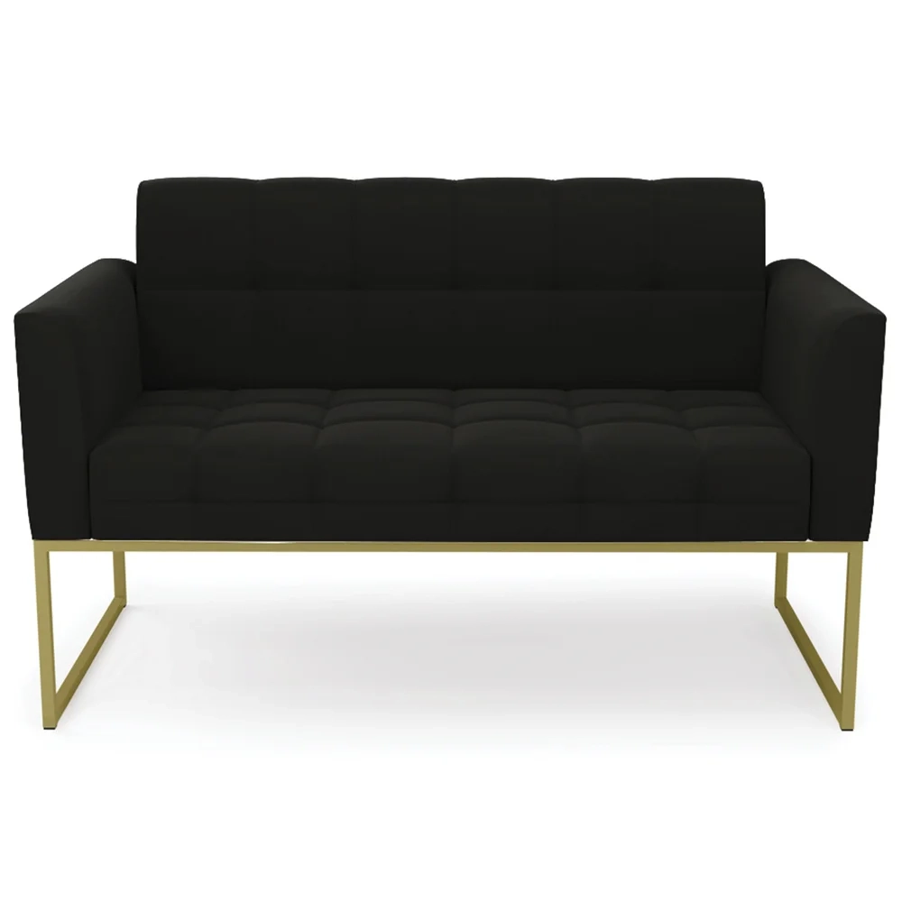 Sofá Namoradeira e 1 Poltrona Base Industrial Dourado Ana Suede Preto - Ibiza