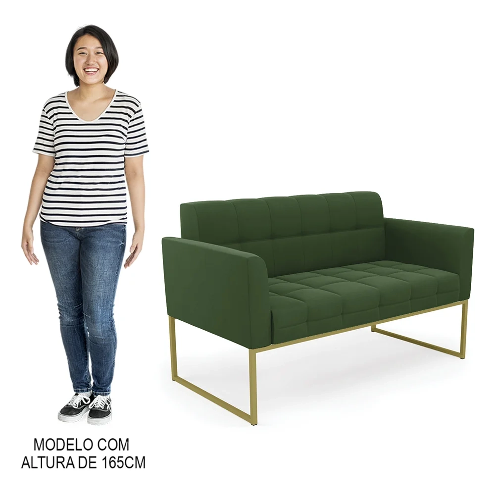 Sofá Namoradeira e 1 Poltrona Base Industrial Dourado Ana Suede Verde - Ibiza