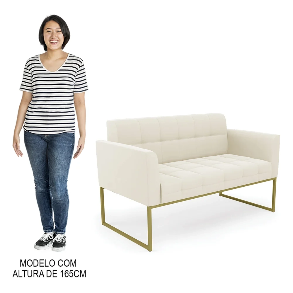 Sofá Namoradeira e 1 Poltrona Base Industrial Dourado Ana Veludo Bege - Ibiza