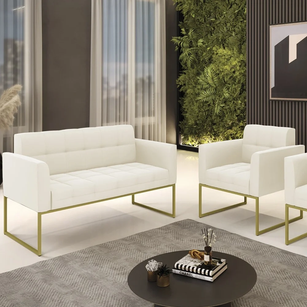 Sofá Namoradeira e 1 Poltrona Base Industrial Dourado Ana Veludo Bege - Ibiza