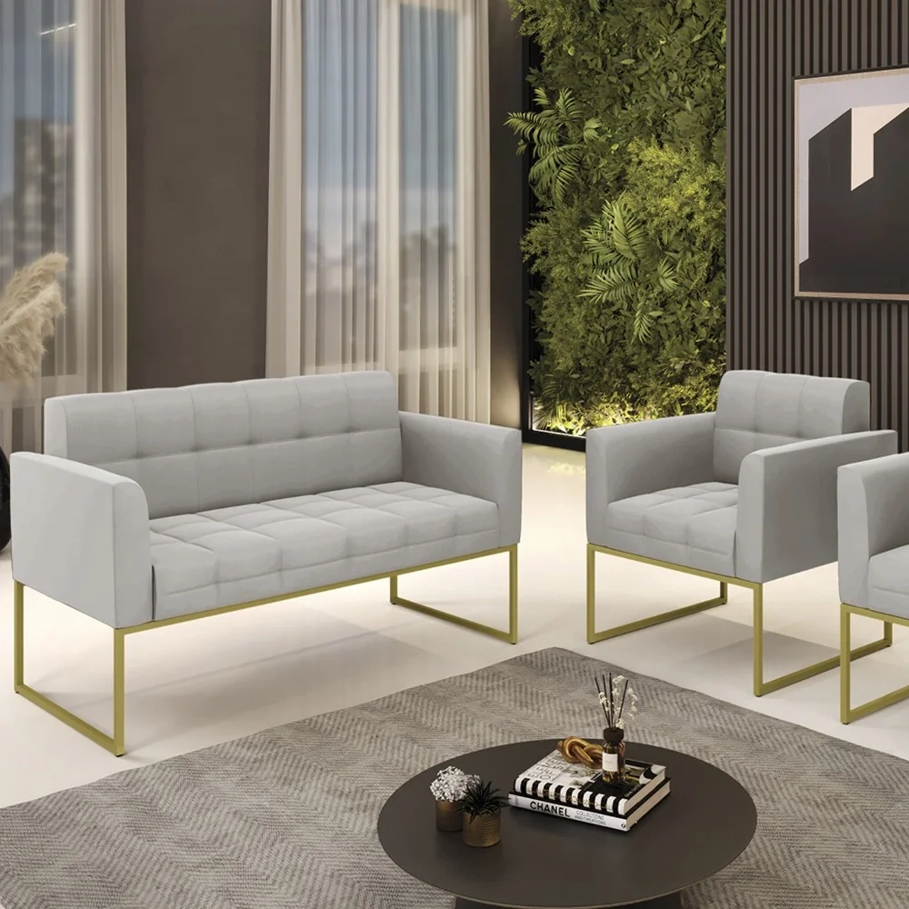 Sofá Namoradeira e 1 Poltrona Base Industrial Dourado Ana Veludo Cinza - Ibiza